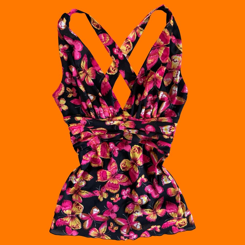 00's vintage butterfly print mesh y2k babydoll tank top SMALL